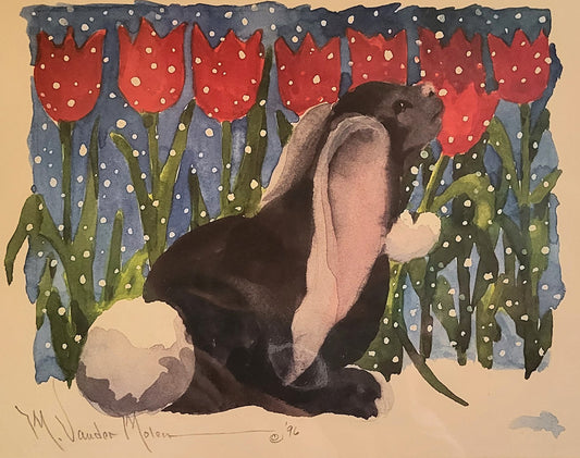 "Black bunny with tulips"